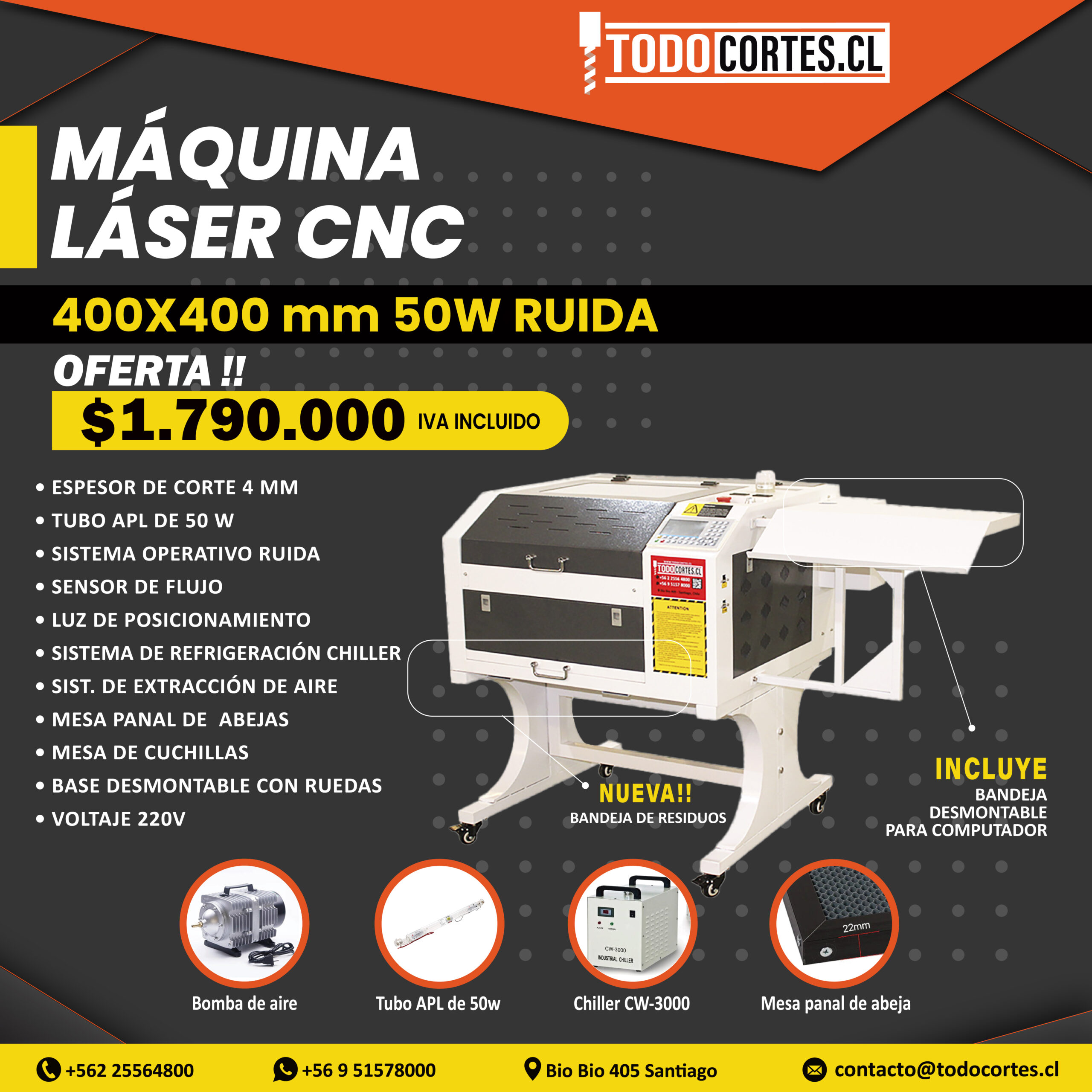 MAQUINA DE CORTE Y GRABADO LÁSER CNC 400X400MM 50W CON SISTEMA RUIDA 6445 Y CHILLER CW-3000
