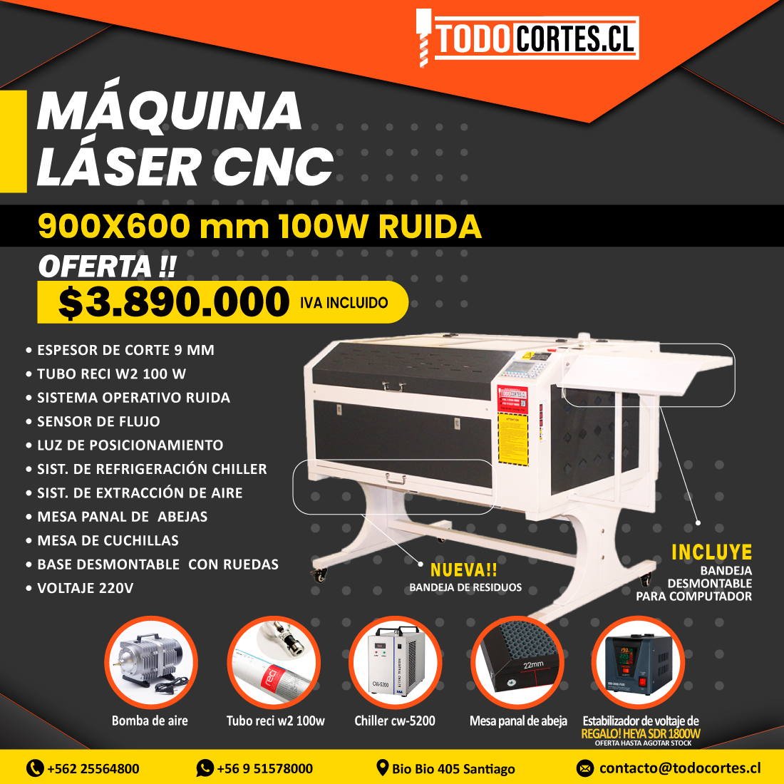 MAQUINA DE CORTE Y GRABADO LÁSER CNC 900X600MM RECI W2 100W CHILLER 5200
