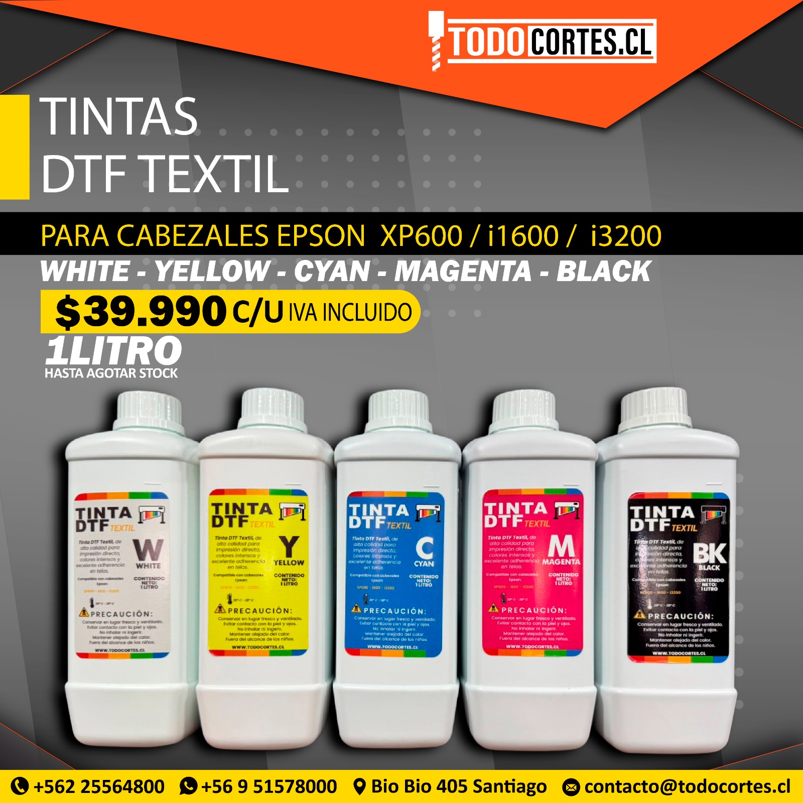 TINTA DTF TEXTIL 1 LITRO 1000 ML PARA CABEZALES EPSON XP600, I1600 E I3200